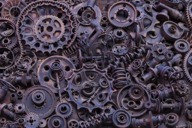 Steampunk doku, backgroung ile mekanik parçalar, dişli tekerlekleri, buhar punk cogwheels, oto yedek parça, eski paslı demir zincirleri, yaylar, tekerlekler, öbek yakın
