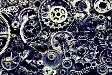 Steampunk doku, backgroung ile mekanik parçalar, dişli tekerlekleri, buhar punk cogwheels, oto yedek parça, eski paslı demir zincirleri, yaylar, tekerlekler, öbek yakın