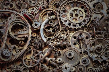 Steampunk doku, backgroung ile mekanik parçalar, dişli tekerlekleri, buhar punk cogwheels, oto yedek parça, eski paslı demir zincirleri, yaylar, tekerlekler, öbek yakın