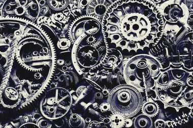 Steampunk doku, backgroung ile mekanik parçalar, dişli tekerlekleri, buhar punk cogwheels, oto yedek parça, eski paslı demir zincirleri, yaylar, tekerlekler, öbek yakın
