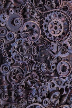 Steampunk doku, backgroung ile mekanik parçalar, dişli tekerlekleri, buhar punk cogwheels, oto yedek parça, eski paslı demir zincirleri, yaylar, tekerlekler, öbek yakın