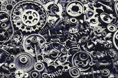 Steampunk doku, backgroung ile mekanik parçalar, dişli tekerlekleri, buhar punk cogwheels, oto yedek parça, eski paslı demir zincirleri, yaylar, tekerlekler, öbek yakın