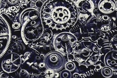 Steampunk doku, backgroung ile mekanik parçalar, dişli tekerlekleri, buhar punk cogwheels, oto yedek parça, eski paslı demir zincirleri, yaylar, tekerlekler, öbek yakın