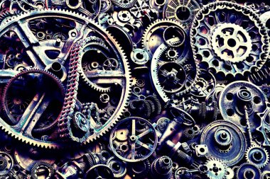 Steampunk doku, backgroung ile mekanik parçalar, dişli tekerlekleri, buhar punk cogwheels, oto yedek parça, eski paslı demir zincirleri, yaylar, tekerlekler, öbek yakın