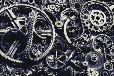 Steampunk doku, backgroung ile mekanik parçalar, dişli tekerlekleri, buhar punk cogwheels, oto yedek parça, eski paslı demir zincirleri, yaylar, tekerlekler, öbek yakın