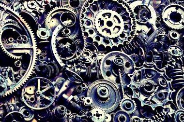 Steampunk doku, backgroung ile mekanik parçalar, dişli tekerlekleri, buhar punk cogwheels, oto yedek parça, eski paslı demir zincirleri, yaylar, tekerlekler, öbek yakın