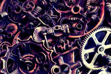 Steampunk doku, backgroung ile mekanik parçalar, dişli tekerlekleri, buhar punk cogwheels, oto yedek parça, eski paslı demir zincirleri, yaylar, tekerlekler, öbek yakın