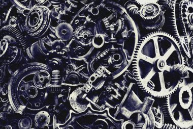 Steampunk doku, backgroung ile mekanik parçalar, dişli tekerlekleri, buhar punk cogwheels, oto yedek parça, eski paslı demir zincirleri, yaylar, tekerlekler, öbek yakın