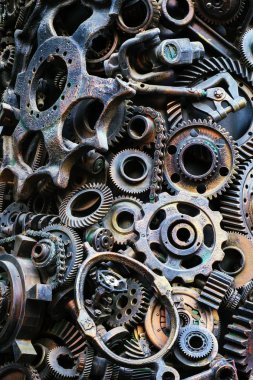 Steampunk doku, backgroung ile mekanik parçalar, dişli tekerlekleri, buhar punk cogwheels, oto yedek parça, eski paslı demir zincirleri, yaylar, tekerlekler, öbek yakın