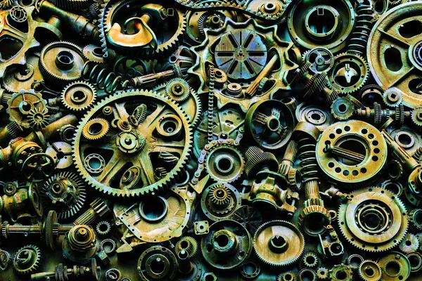 Steampunk texture, backgroung with mechanical parts, gear wheels, steam punk cogwheels, heap of auto parts, old rusty iron chains, springs, wheels, close up