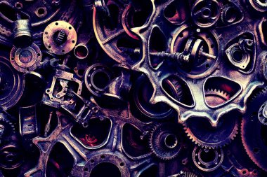 Steampunk doku, backgroung ile mekanik parçalar, dişli tekerlekleri, buhar punk cogwheels, oto yedek parça, eski paslı demir zincirleri, yaylar, tekerlekler, öbek yakın