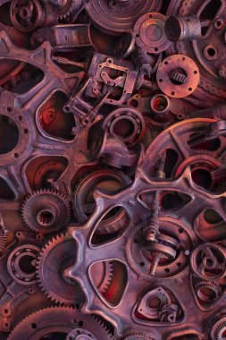 Steampunk doku, backgroung ile mekanik parçalar, dişli tekerlekleri, buhar punk cogwheels, oto yedek parça, eski paslı demir zincirleri, yaylar, tekerlekler, öbek yakın