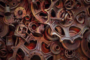 Steampunk doku, backgroung ile mekanik parçalar, dişli tekerlekleri, buhar punk cogwheels, oto yedek parça, eski paslı demir zincirleri, yaylar, tekerlekler, öbek yakın