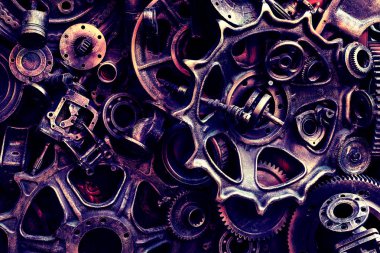Steampunk doku, backgroung ile mekanik parçalar, dişli tekerlekleri, buhar punk cogwheels, oto yedek parça, eski paslı demir zincirleri, yaylar, tekerlekler, öbek yakın