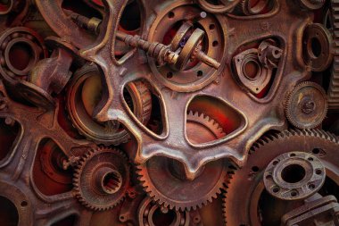 Steampunk doku, backgroung ile mekanik parçalar, dişli tekerlekleri, buhar punk cogwheels, oto yedek parça, eski paslı demir zincirleri, yaylar, tekerlekler, öbek yakın