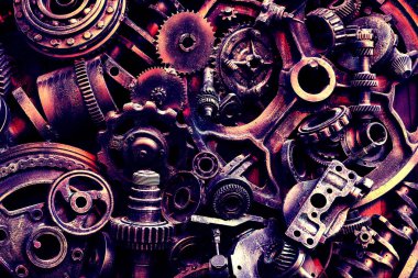 Steampunk doku, backgroung ile mekanik parçalar, dişli tekerlekleri, buhar punk cogwheels, oto yedek parça, eski paslı demir zincirleri, yaylar, tekerlekler, öbek yakın
