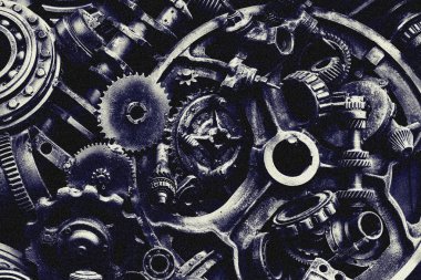 Steampunk doku, backgroung ile mekanik parçalar, dişli tekerlekleri, buhar punk cogwheels, oto yedek parça, eski paslı demir zincirleri, yaylar, tekerlekler, öbek yakın