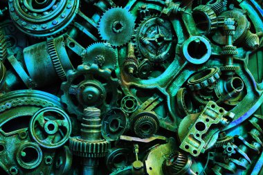 Steampunk doku, backgroung ile mekanik parçalar, dişli tekerlekleri, buhar punk cogwheels, oto yedek parça, eski paslı demir zincirleri, yaylar, tekerlekler, öbek yakın
