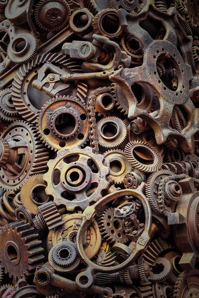 Steampunk Textúra Háttérben Mechanikus Alkatrészek Fogaskerekek Gőz Punk Fogaskerekek Halom — Stock Fotó