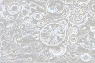 Steampunk arka plan, makine parçaları, büyük dişli ve zincir makineleri ve traktörler. Eski paslı makine ve mekanik parçalar. Yaylar, rulmanlar, pistonlar, milleri, milleri.