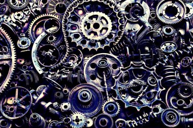 Steampunk doku, backgroung ile mekanik parçalar, dişli tekerlekleri, buhar punk cogwheels, oto yedek parça, eski paslı demir zincirleri, yaylar, tekerlekler, öbek yakın