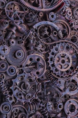 Steampunk doku, backgroung ile mekanik parçalar, dişli tekerlekleri, buhar punk cogwheels, oto yedek parça, eski paslı demir zincirleri, yaylar, tekerlekler, öbek yakın