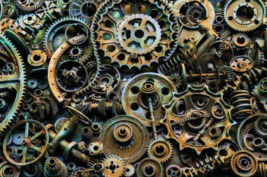 Steampunk doku, backgroung ile mekanik parçalar, dişli tekerlekleri, buhar punk cogwheels, oto yedek parça, eski paslı demir zincirleri, yaylar, tekerlekler, öbek yakın