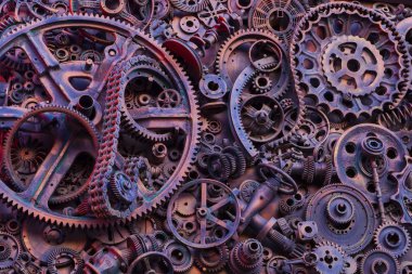 Steampunk doku, backgroung ile mekanik parçalar, dişli tekerlekleri, buhar punk cogwheels, oto yedek parça, eski paslı demir zincirleri, yaylar, tekerlekler, öbek yakın
