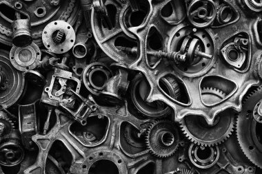 Steampunk doku, backgroung ile mekanik parçalar, dişli tekerlekleri, buhar punk cogwheels, oto yedek parça, eski paslı demir zincirleri, yaylar, tekerlekler, öbek yakın