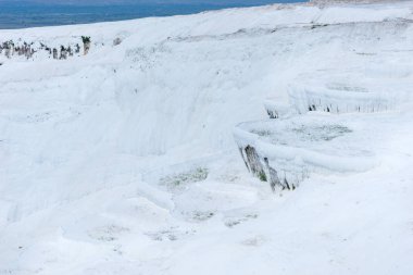 Termal doğal görünümünü Traverten adımları veya teraslar, Pumakkale, Anadolu, Türkiye bir Unesco Dünya Mirası havuzları.