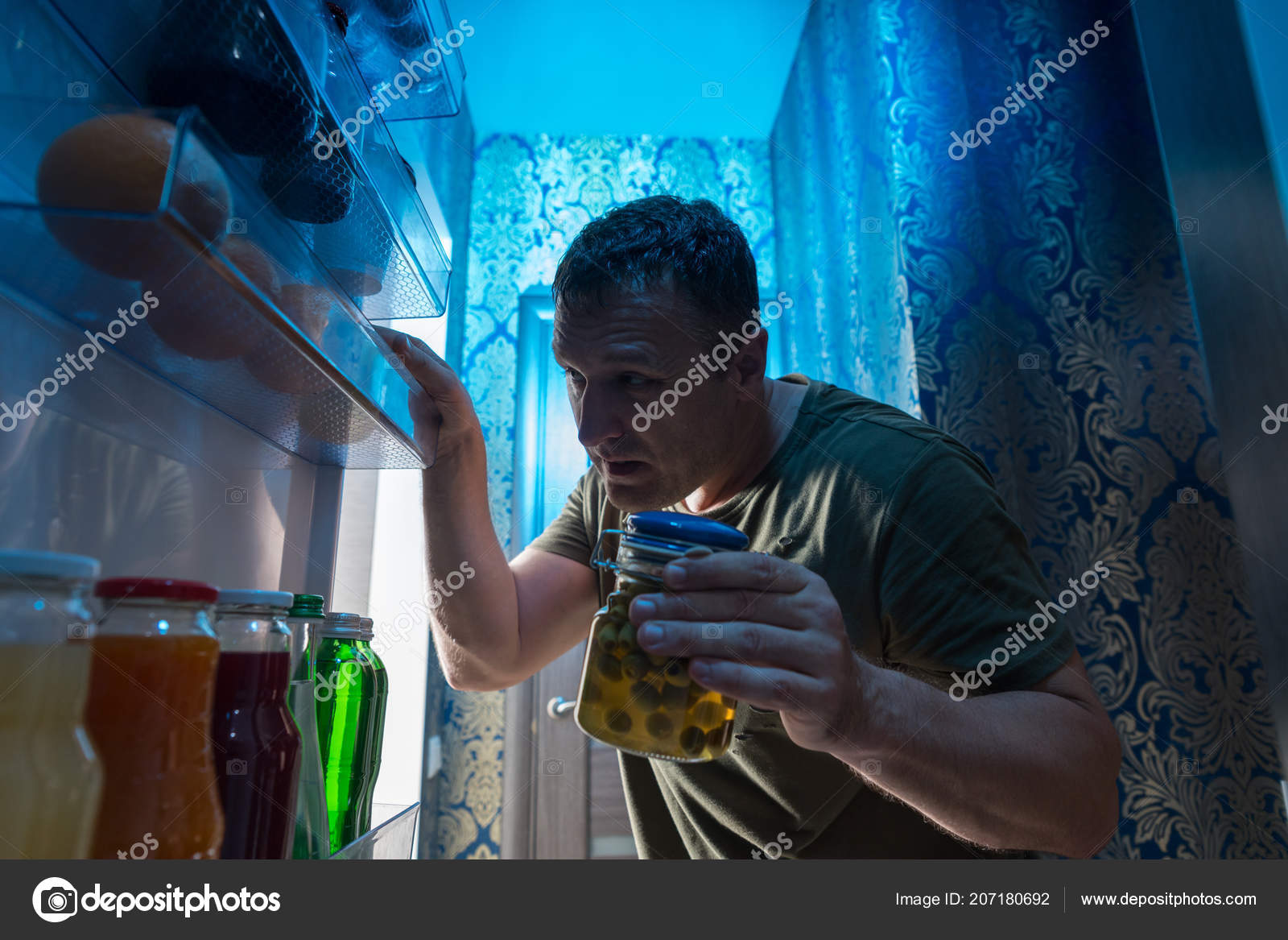Hungry Man Raiding His Fridge Night Reaching Grab Bottle