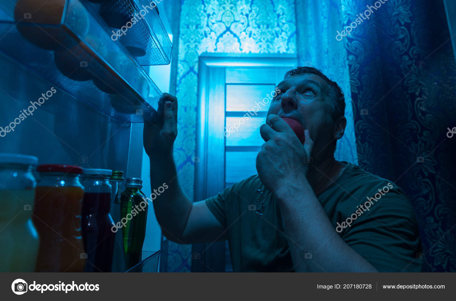 Hungry Man Looking Snack His Fridge Night Standing Open Door