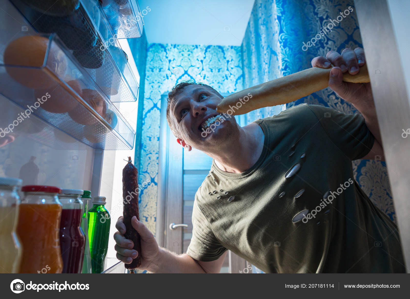 Greedy Man Munching Baguette Whole Salami Open Door Fridge