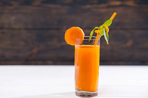 Healthy Carrot Smoothie Made Fresh Vegetables Served Tall Glass Straw — Stock Photo, Image