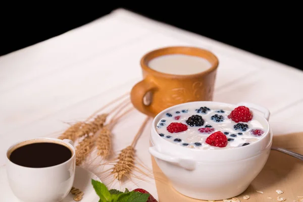 Healthy Breakfast Cereal Topped Fresh Berries Including Raspberries Strawberries Blueberries Stock Picture