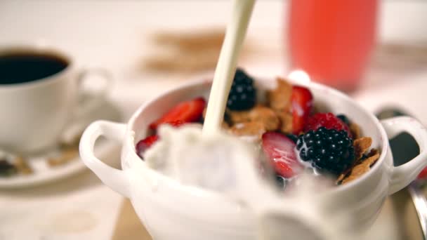 Mjölk som hälls i skål med handtag på sidan — Stockvideo