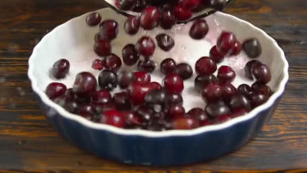 Cerezas dulces rojas maduras que se inclinan en un tazón — Vídeo de stock