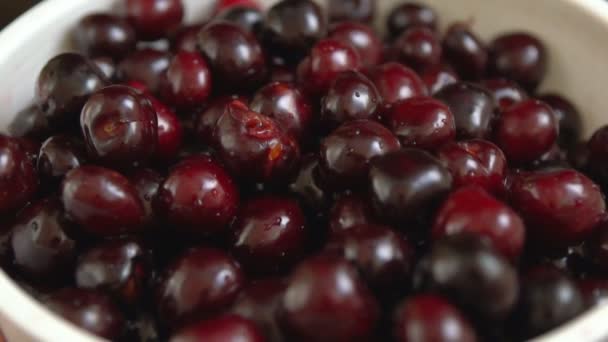 Cerezas rojas maduras mojadas que caen en un colador — Vídeo de stock