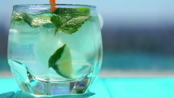 Straw stirring ice cubes and citrus fruit slices — Stock Video