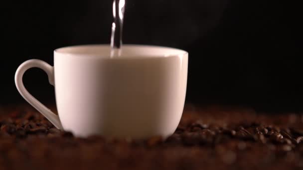 Taza llenándose de agua saliendo de la cámara — Vídeos de Stock