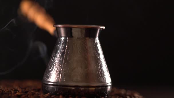 Steaming engraved silver coffee pot — Stock Video