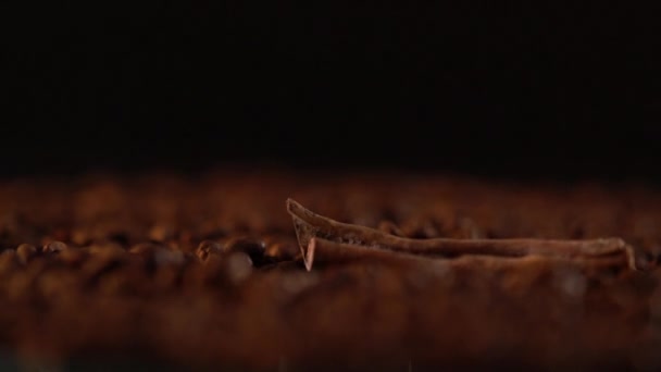 Kruidige gedroogde kaneelstokjes vallen op de koffie — Stockvideo