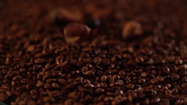 Крутящаяся куча жареных кофейных зерен — стоковое видео