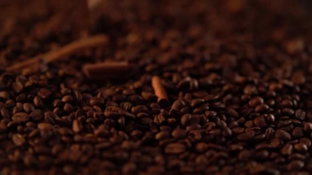 Palos de especias secas de canela que caen sobre el café — Vídeo de stock