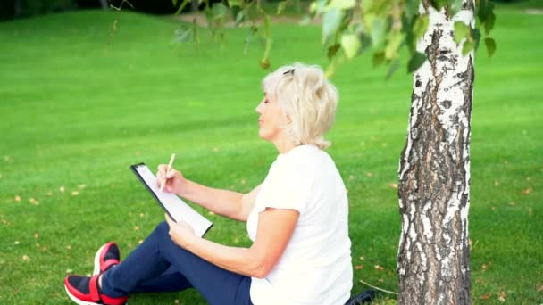 Woman relaxing in a park sketching — Stock Video