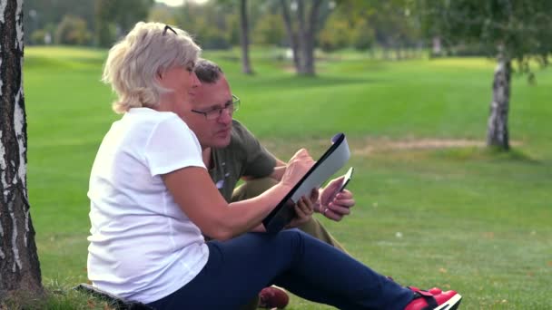 Oudere paar ontspannen samen in een park — Stockvideo