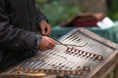 Geleneksel dövülmüş santur Tokmaklar ile oynarken müzisyen görünümünü kapat