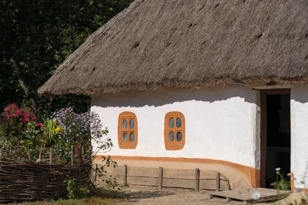 Rustic thatched cottage with entrance door and yellow windows surrounded by a colorful garden full of summer flowers