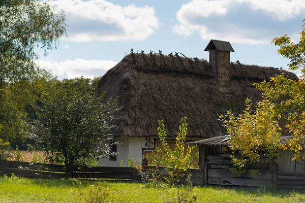 Lantligt Hus Med Halmtak Tak Och Frukt Orchard Solig Blå — Stockfoto