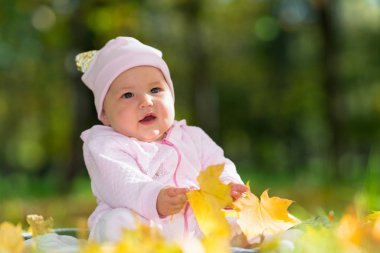 Pink giyim park sahnesinde sarı sonbahar yaprakları arasında oynamaya meraklı bir bebek.
